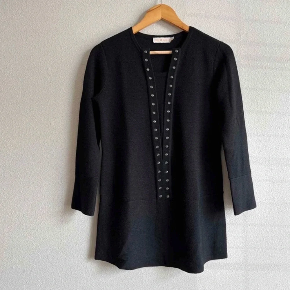 Tory Burch Yessica Black 100% Merino Wool Knit Tunic Sweater Top Size L